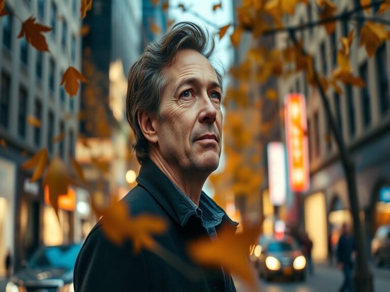A candid portrait of Andrew McCarthy in his home office, surrounded by books and film scripts, with soft natural lighting and
