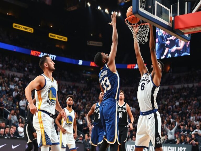 An action-packed scene from a Warriors vs. Nets game featuring star players in dynamic motion, showcasing the intensity and e