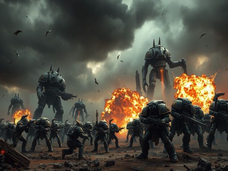 An array of painted Warhammer miniatures displayed on a tabletop, showcasing diverse factions and vibrant colors.