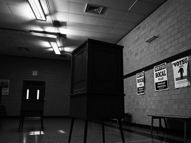 A close-up of a ballot box with various ballots inside, set against a backdrop of a polling station, highlighting the essence