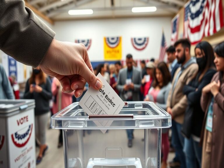 A close-up of a ballot box at a polling station, with voters casting their votes, symbolizing civic engagement and democracy.
