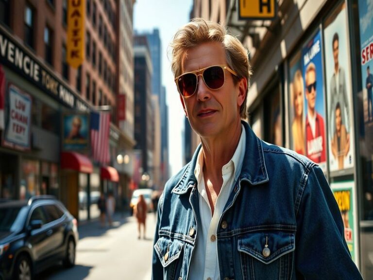 A portrait of Andrew McCarthy, smiling warmly, set against a film set backdrop, conveying a sense of creativity and nostalgia