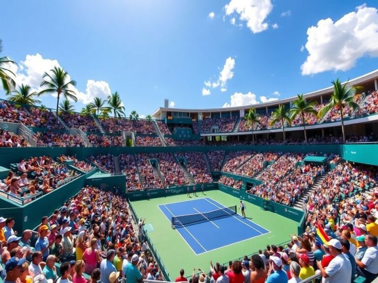 A vibrant scene at Hard Rock Stadium during the Miami Open, featuring players in action on the blue hard courts, a diverse cr