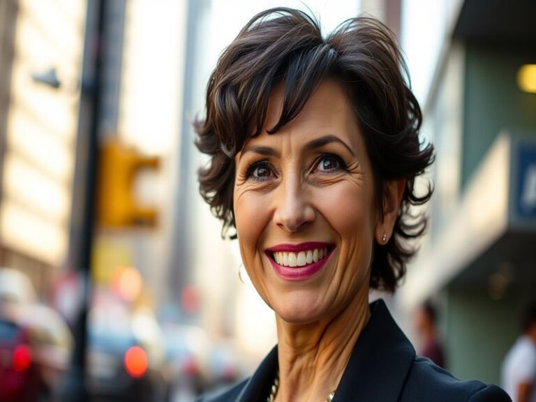 A vibrant portrait of Julia Louis-Dreyfus, showcasing her joyful expression and charisma, set against a colorful background t