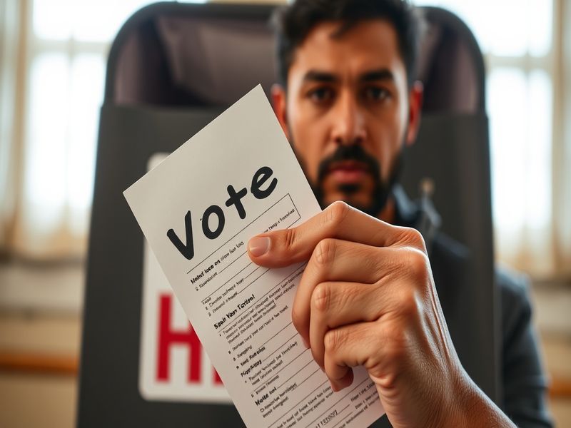 A diverse group of voters casting their ballots at polling stations, showcasing different voting methods and cultural setting
