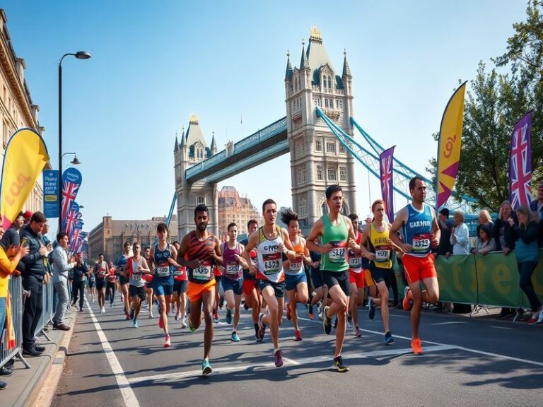A vibrant scene of runners crossing the finish line at the London Marathon, with iconic landmarks in the background, capturin