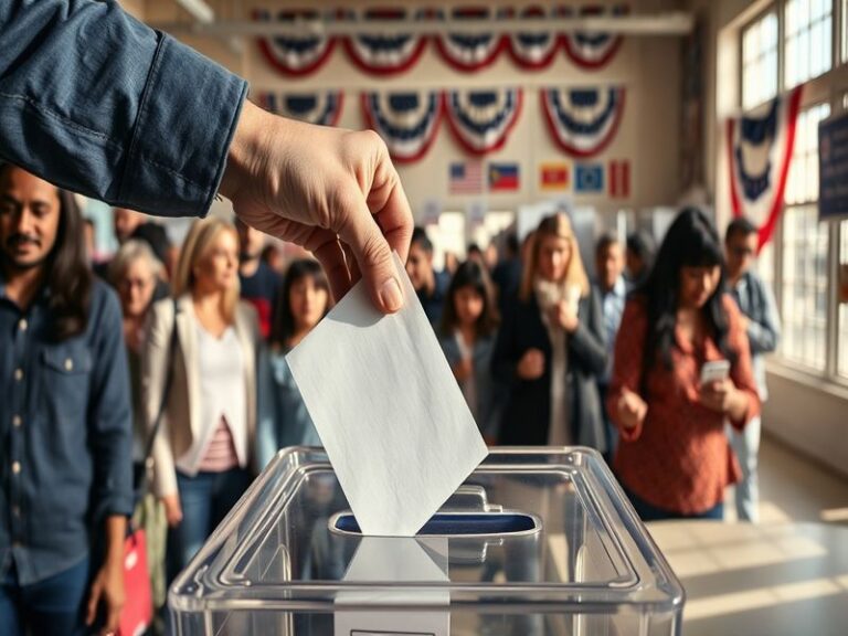 An image depicting a ballot box with ballots being cast, symbolizing the voting process in a democratic society.