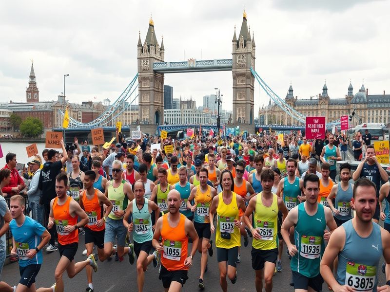A vibrant shot of runners crossing Tower Bridge during the London Marathon, with spectators cheering and the city skyline in