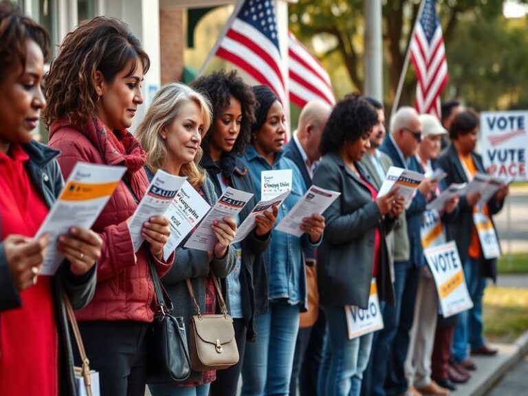A diverse group of people casting their votes at a polling station, showcasing various ballot types, with an emphasis on civi