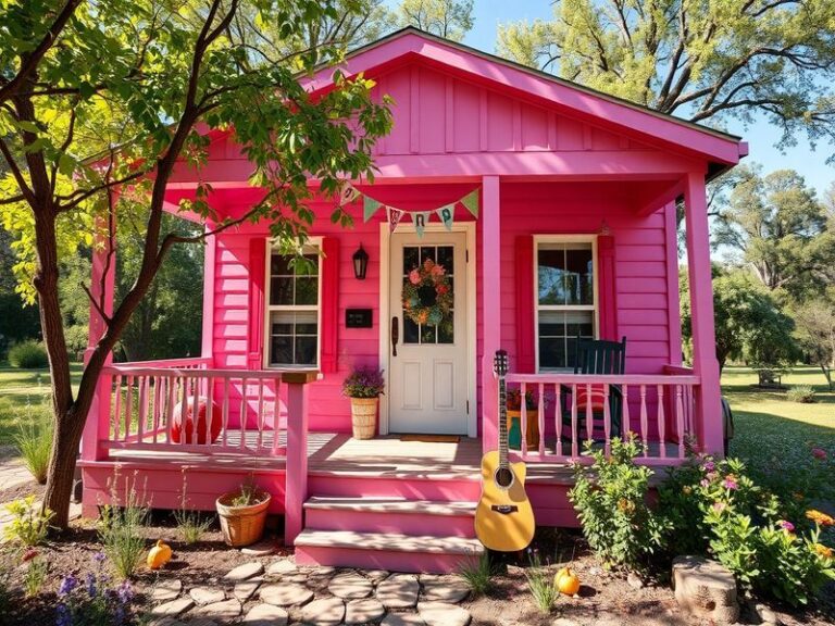A colorful interior of the Hannah Montana Airbnb, featuring vibrant decor, costumes, and memorabilia from the show, creating