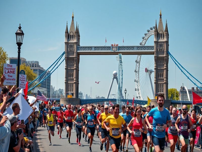 A vibrant scene of the London Marathon with runners of diverse backgrounds, cheering crowds, and iconic landmarks like the To
