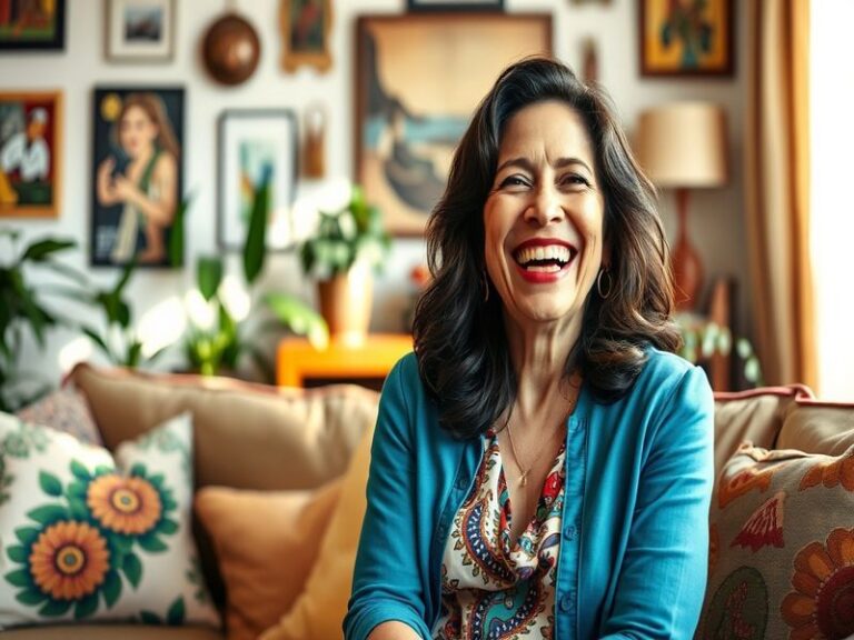 A vibrant image of Julia Louis-Dreyfus on stage, laughing, with bright stage lights illuminating her expressive face, capturi