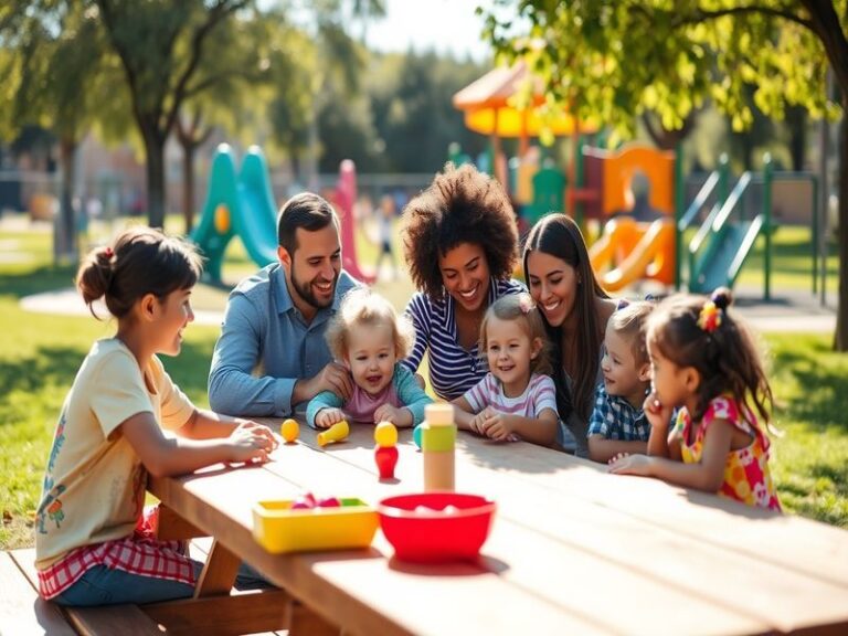 A diverse group of families enjoying quality time together in a park, symbolizing the importance of childcare support and fam