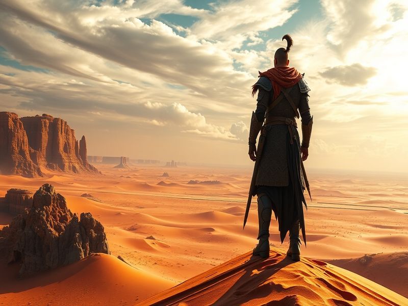 A cinematic shot of the Crimson Desert game world, featuring Macduff riding a horse through a golden desert sunset with tower