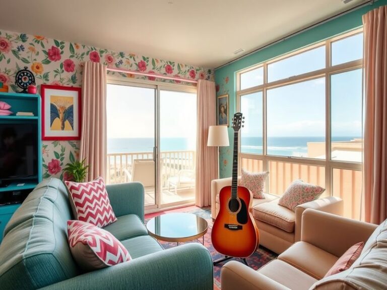 An inviting view of the Hannah Montana-themed Airbnb, showcasing vibrant decor, a cozy living space, and nostalgic memorabili
