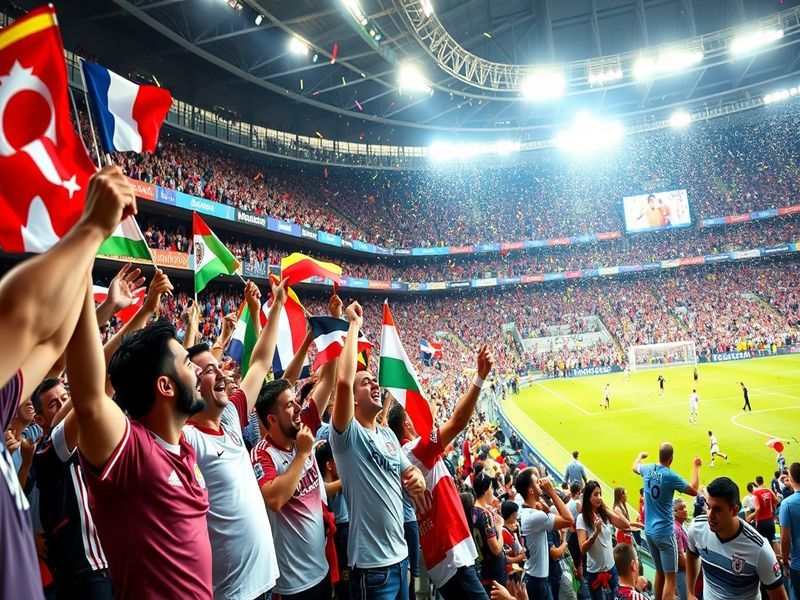 A vibrant stadium filled with cheering fans waving flags, showcasing the excitement and unity of nations during a World Cup q