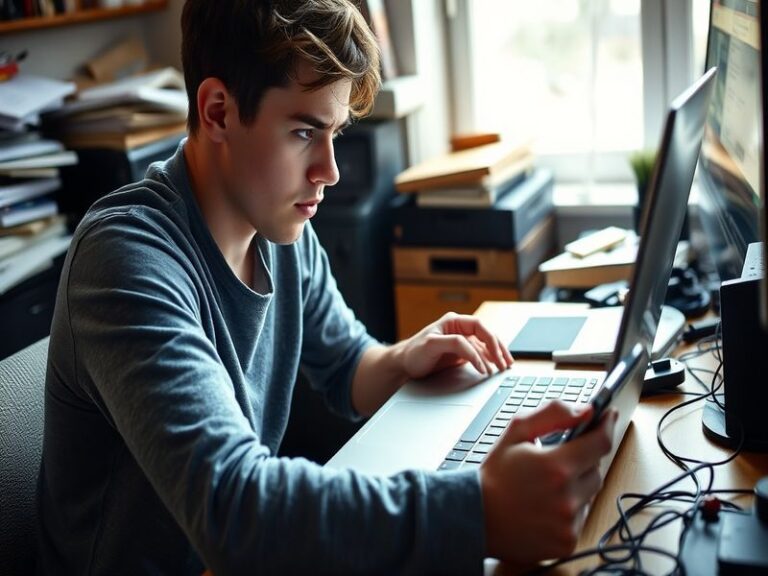 A split-screen image showing a frustrated user staring at a loading Twitter error screen on one side, and a globe with networ