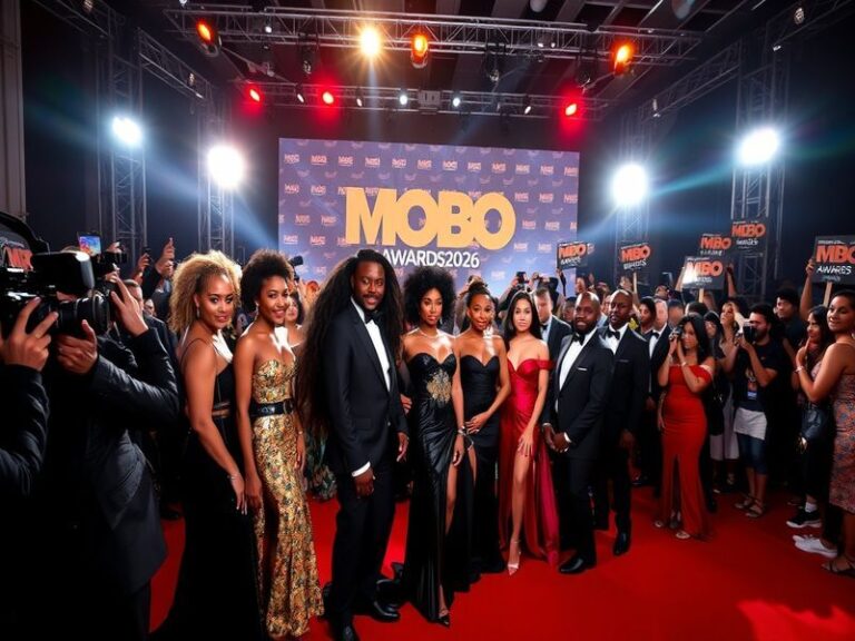 A vibrant scene from the MOBO Awards with artists performing on stage, colorful lights illuminating the venue, and an audienc