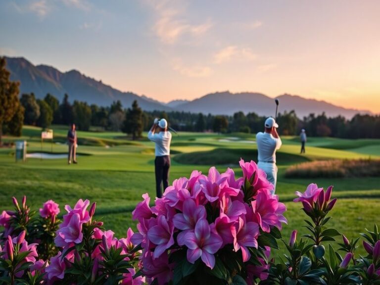 A vibrant image of Augusta National Golf Club during The Masters, showcasing the lush greens, blooming azaleas, and golfers i