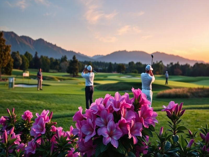 A vibrant image of Augusta National Golf Club during The Masters, showcasing the lush greens, blooming azaleas, and golfers i