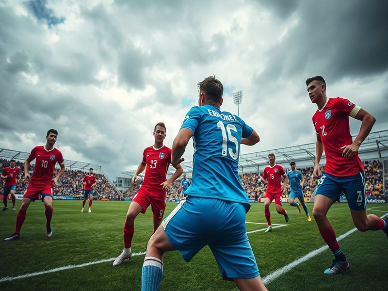 A split-screen image showing England players in dark blue celebrating a near miss and Uruguay players in sky blue celebrating