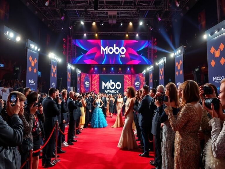 A vibrant scene from the Mobo Awards, showcasing diverse artists on stage, colorful lights, and an enthusiastic audience.