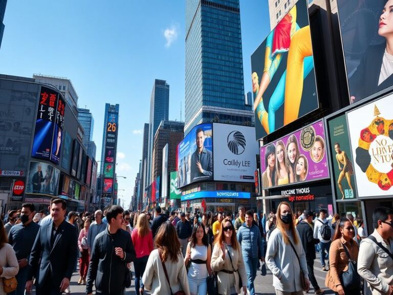 A futuristic cityscape at dusk, showcasing advanced technology and connectivity, with vibrant lights and diverse people inter