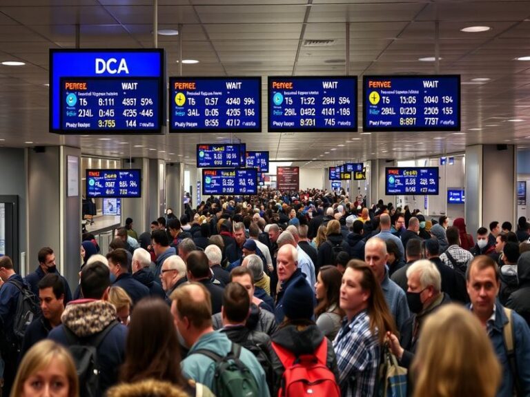 A busy TSA security checkpoint at Reagan National Airport (DCA) with passengers in line, some wearing masks, others with back