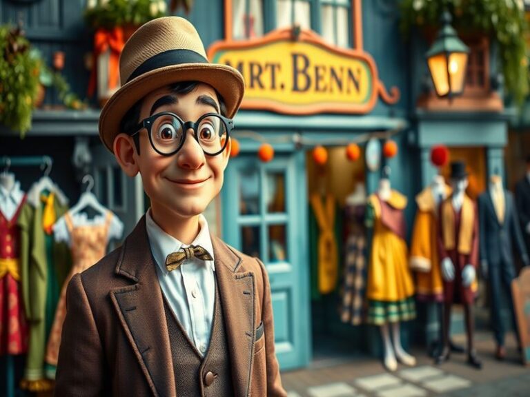 An illustration of Mr. Benn wearing a knight costume, surrounded by vibrant colors and whimsical characters, capturing the es