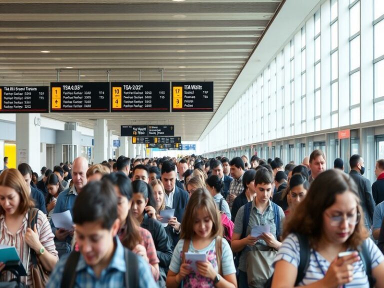 A busy TSA security checkpoint at Ronald Reagan Washington National Airport (DCA) with passengers moving through metal detect