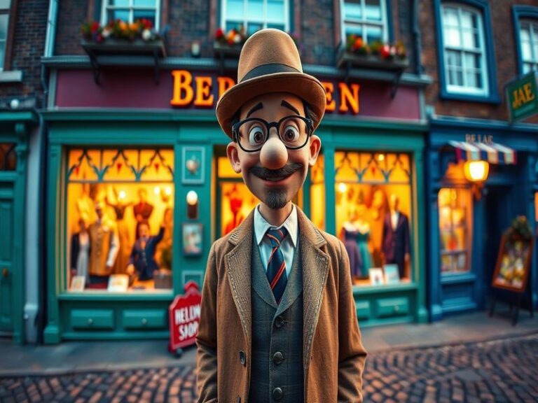 An illustration of Mr. Benn in his iconic bowler hat and suit, standing in front of a whimsical costume shop filled with colo