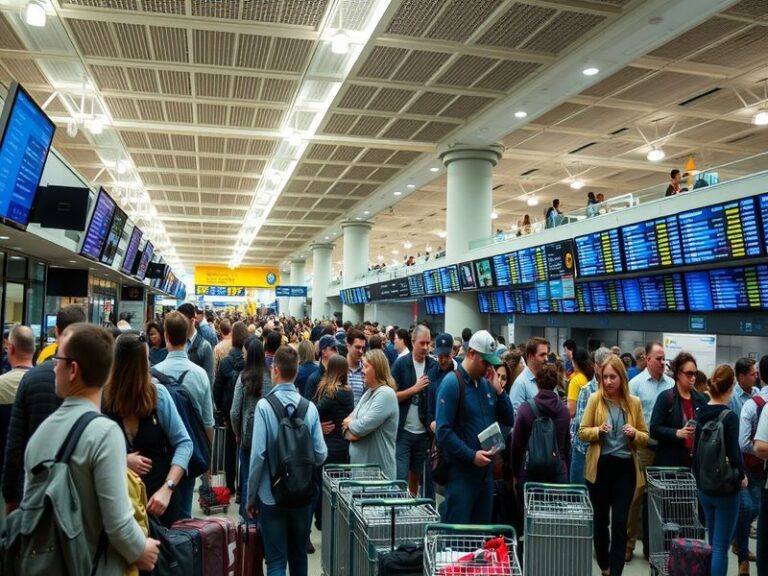 A busy scene at George Bush Intercontinental Airport (IAH) with long security lines, passengers waiting with luggage, and dig