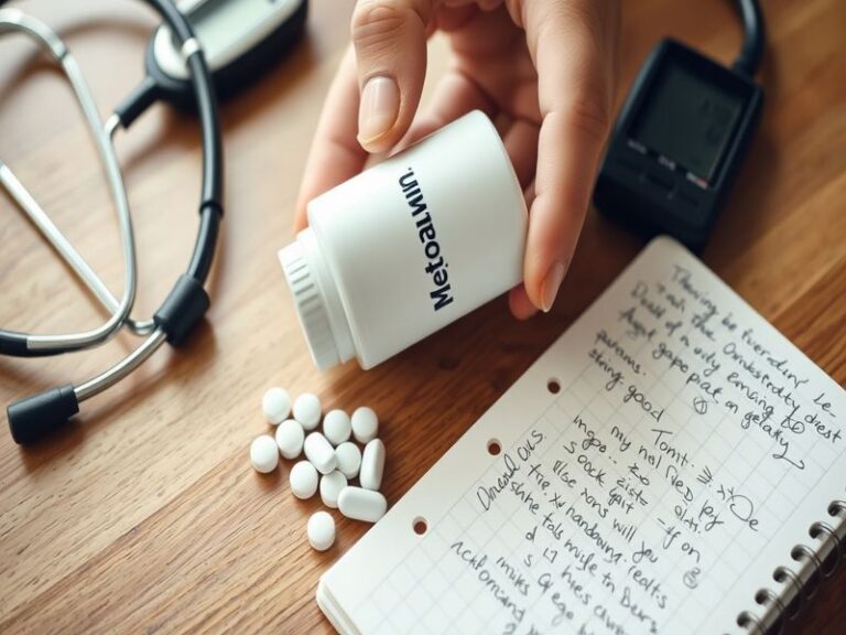 A close-up of metformin tablets on a wooden table, with a stethoscope and a blood glucose meter in the background, creating a
