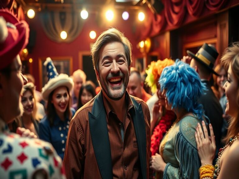 A portrait of David Fynn with a warm smile, set against a vibrant theater backdrop, highlighting his engaging personality and