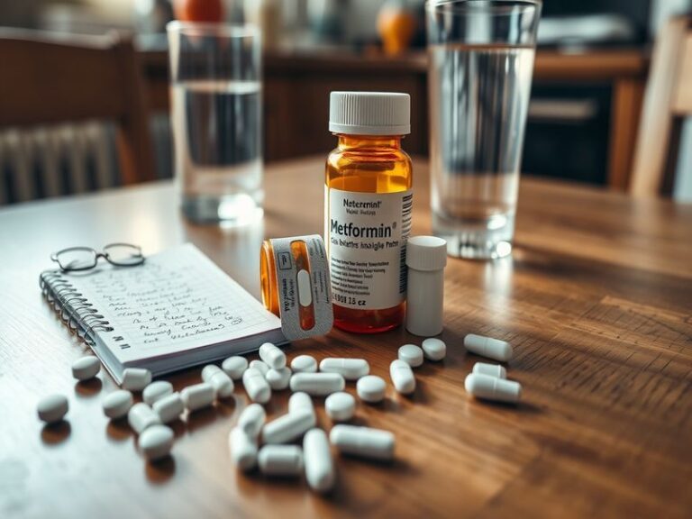 A close-up of metformin pills scattered on a table with a stethoscope and a glucose monitor in the background, bathed in soft