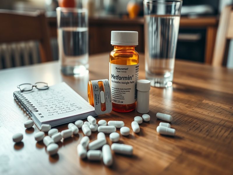 A close-up of metformin pills scattered on a table with a stethoscope and a glucose monitor in the background, bathed in soft