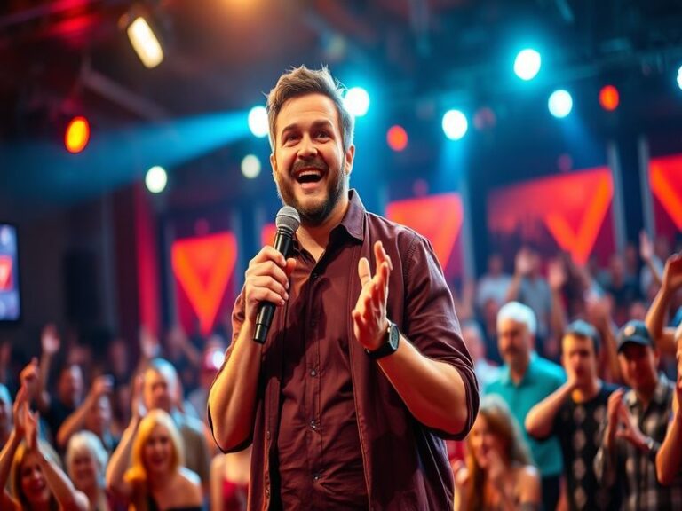 A portrait of David Fynn on stage, highlighting his expressive performance style and engaging presence.