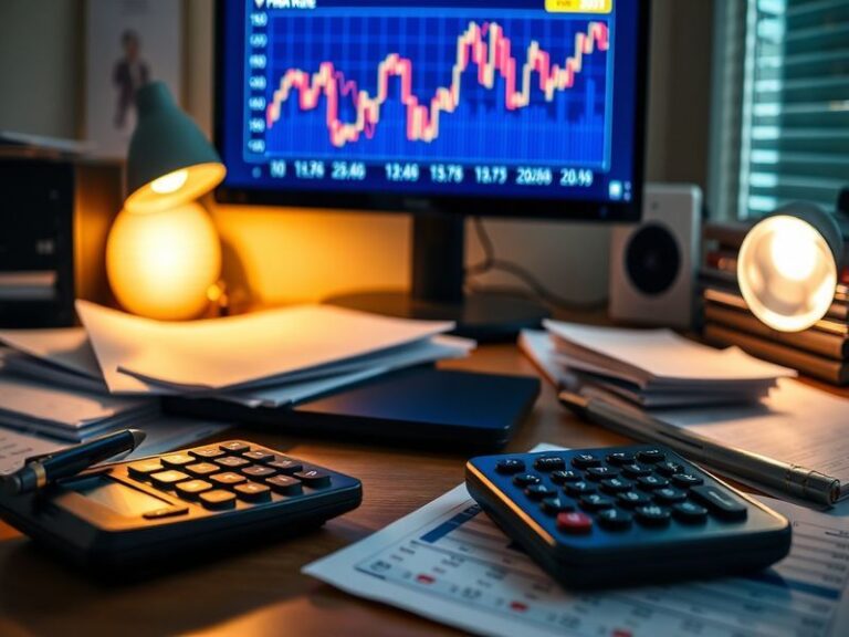 A modern suburban home with a 'For Sale' sign in front, a calculator and mortgage documents on a wooden table, and a family r
