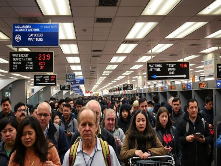 An image of a busy LaGuardia Airport terminal with travelers checking in, showcasing the hustle and bustle of air travel.