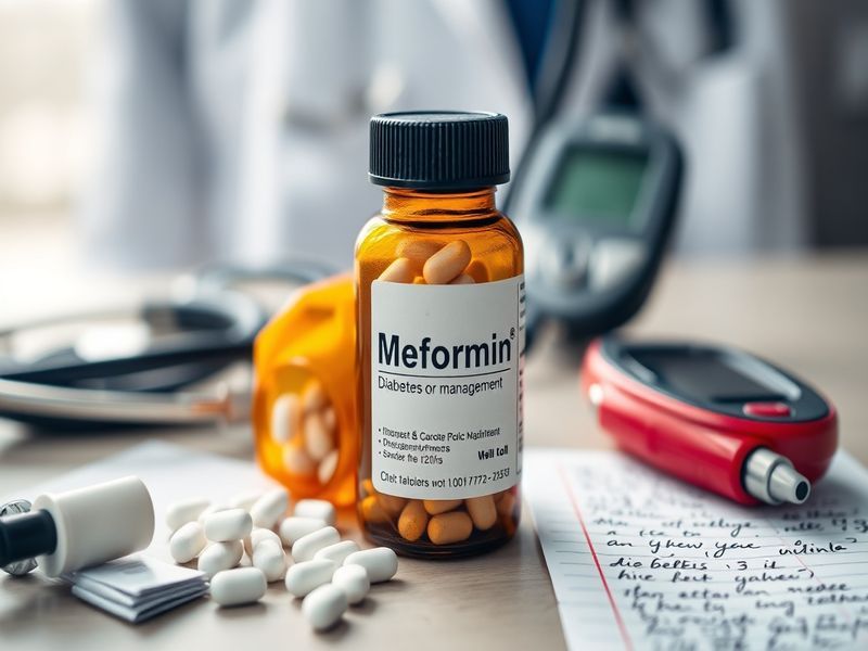 A pharmaceutical image featuring metformin tablets alongside a glucose meter, symbolizing diabetes management and health moni