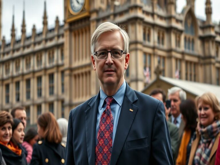 A portrait of Andrew Rosindell standing in front of the House of Commons, looking confident and engaged, with a backdrop of t