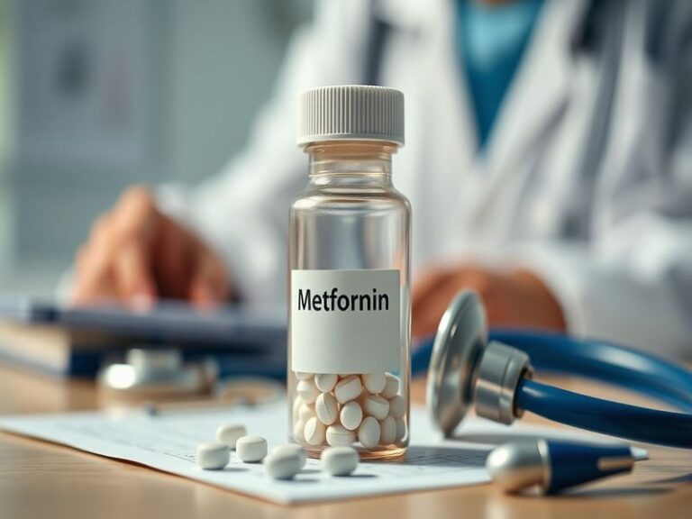 A close-up of a metformin pill bottle next to a stethoscope on a blue medical background, symbolizing its role in diabetes ca