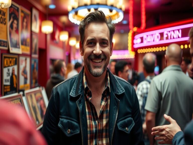 A dynamic portrait of David Fynn on stage, capturing his expressive performance style with dramatic lighting and an engaged a