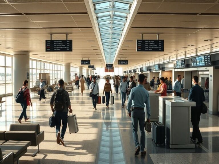 A sleek, modern airport security lane with a large biometric scanner at the entrance. A diverse group of travelers stands nea