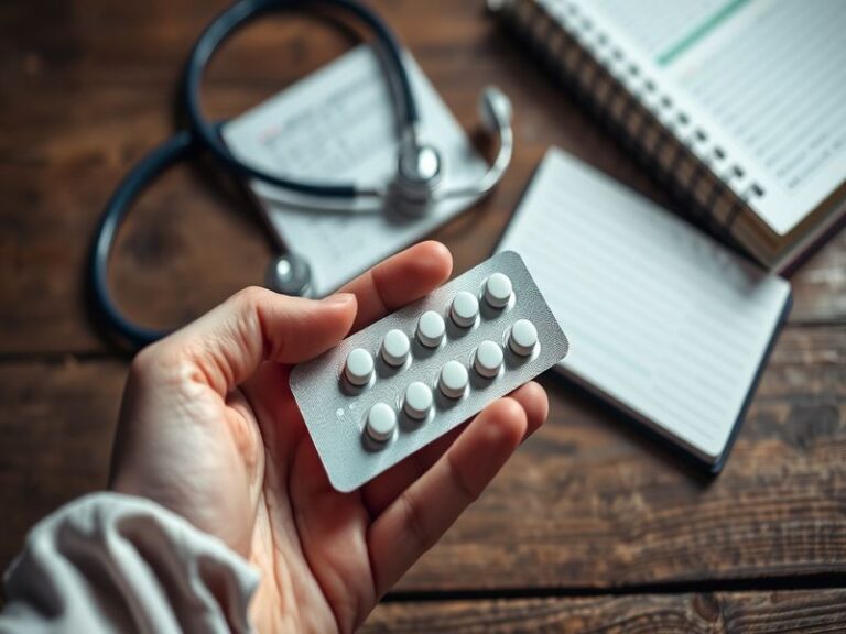 A close-up of metformin tablets on a wooden surface, with a stethoscope and a blood glucose monitor in the background, convey