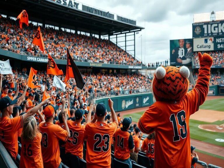 A vibrant scene from Tigers Opening Day at Comerica Park, showcasing excited fans in Tigers gear, colorful banners, and the i