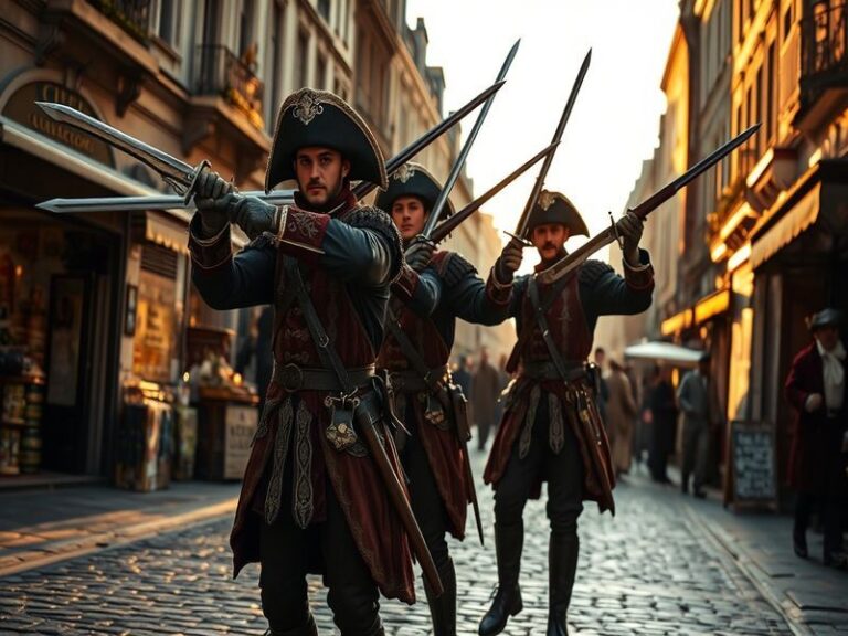 A cinematic collage featuring the musketeers in various adaptations: a 1970s film still, a Japanese anime scene, and a modern