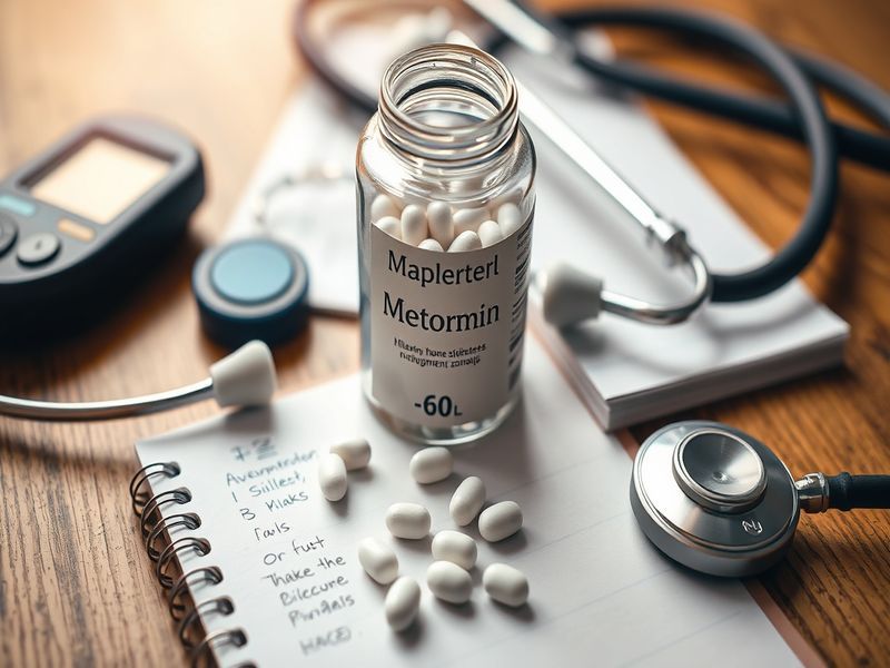 A close-up of metformin tablets on a wooden table, alongside a stethoscope and a fresh fruit bowl, symbolizing health and wel