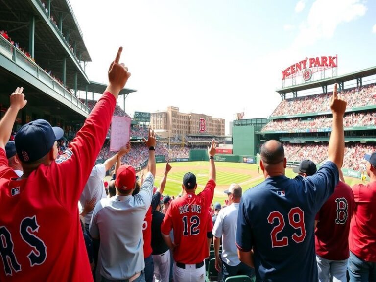 A panoramic view of Fenway Park during a night game, showcasing the vibrant crowd, illuminated scoreboard, and the iconic Gre