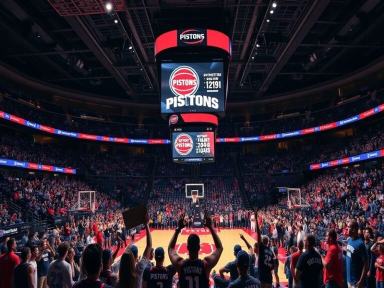 A dynamic action shot of the Detroit Pistons playing at home, showcasing Cade Cunningham in mid-drive against an opponent, wi